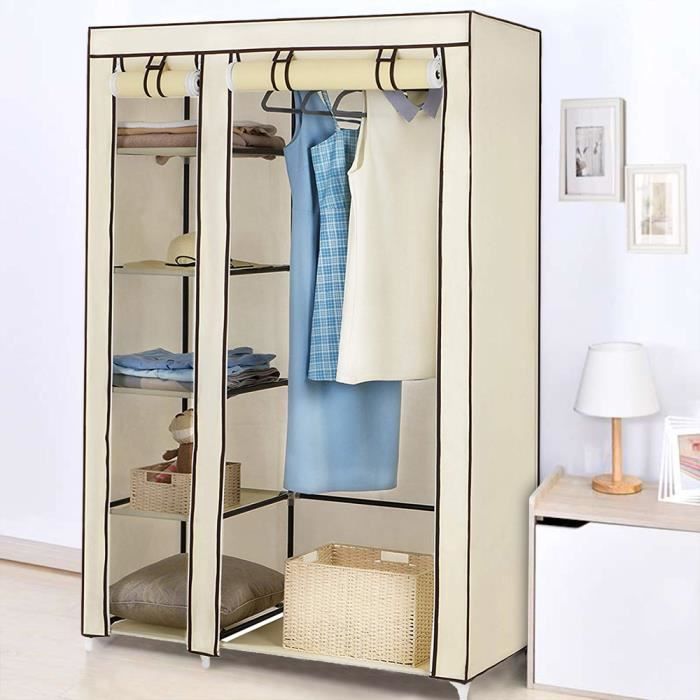 Armoire penderie tissu beige - Popsmit - 2 portes roulées - Tubes en métal - Couverture en tissus non-tissés