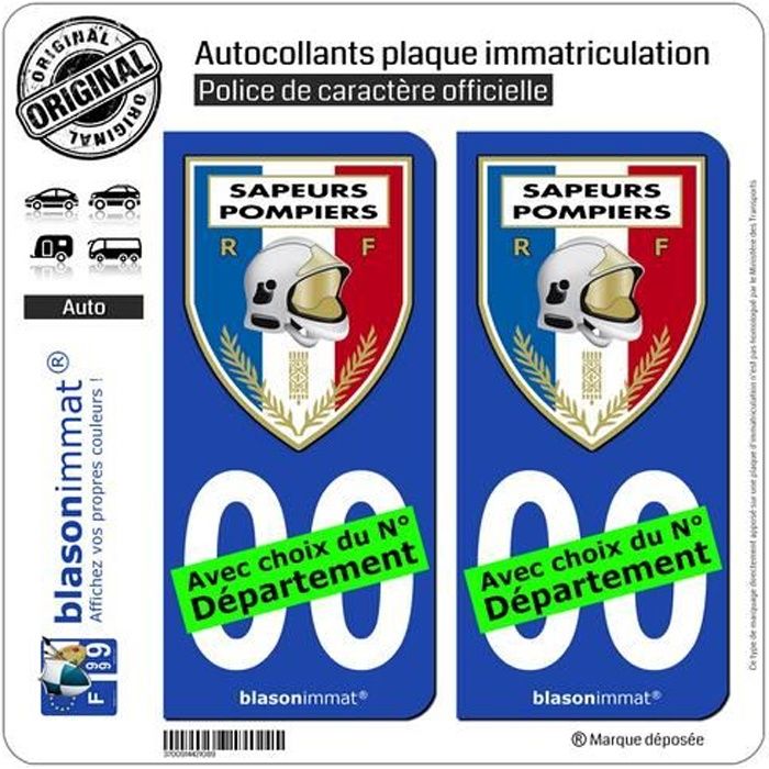 2 Autocollants plaque immatriculation Auto : Sapeurs-Pompiers - Blason