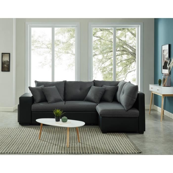 davenport canape d angle droit koselig 4 places tissu gris et pu noir table basse achat vente canape sofa divan cdiscount