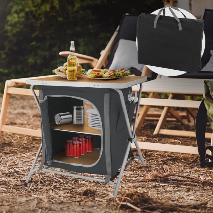 ecd germany armoire de camping pliable, 64x60x45 cm, structure aluminium, aspect bois-noir, portable, 2 étagères, sac de transport,