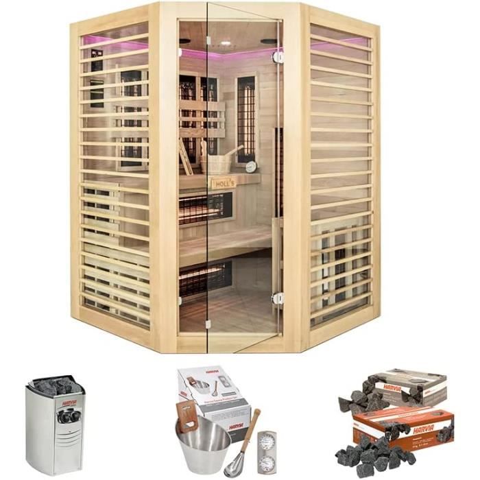 Sauna HOLL's - Venus 3/4 places d'angles - Hybride Vapeur & Infrarouge Dual Healthy - Pack accessoires Premium pour sauna tradition