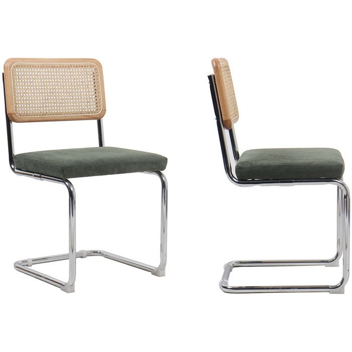 Lot de 2 chaises en cannage velours côtelé vert et métal chromé - Muse Lot de 2 chaises en cannage velours côtelé vert et métal chromé - Muse