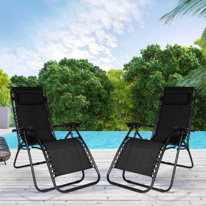idmarket lot de 2 fauteuils de jardin inclinables relax noir