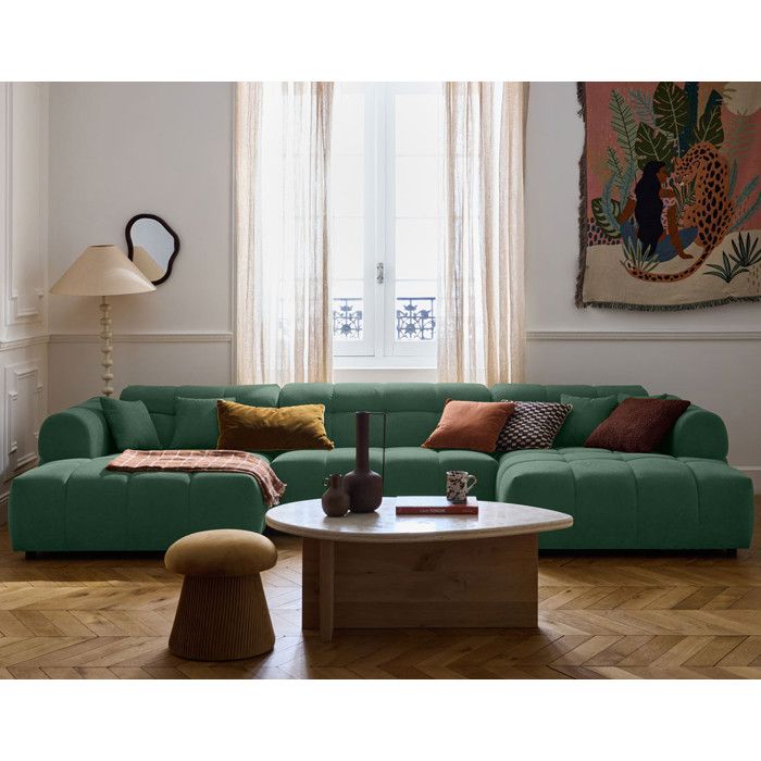 Ray - canapé panoramique en U 7 places en tissu texturé - Vert sauge