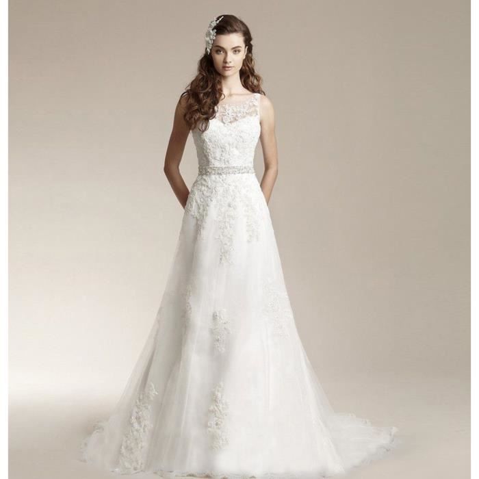 Robe De Mariee Mariage Longue Traine Col Bateau Forme Princesse