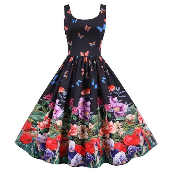 Generisch Robe 1950s Femme Sans Manches Imprimé Pois Floral - Style Rockabilly Vintage, Longueur Genou, Ceinture Amovible, Rouge M