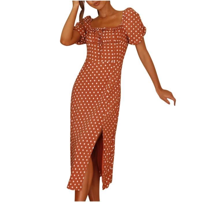 Robe d'?�t?� ?� col carr?� et ?� manches courtes pour femmes ?� lacets et ?� pois x43781 Orange 