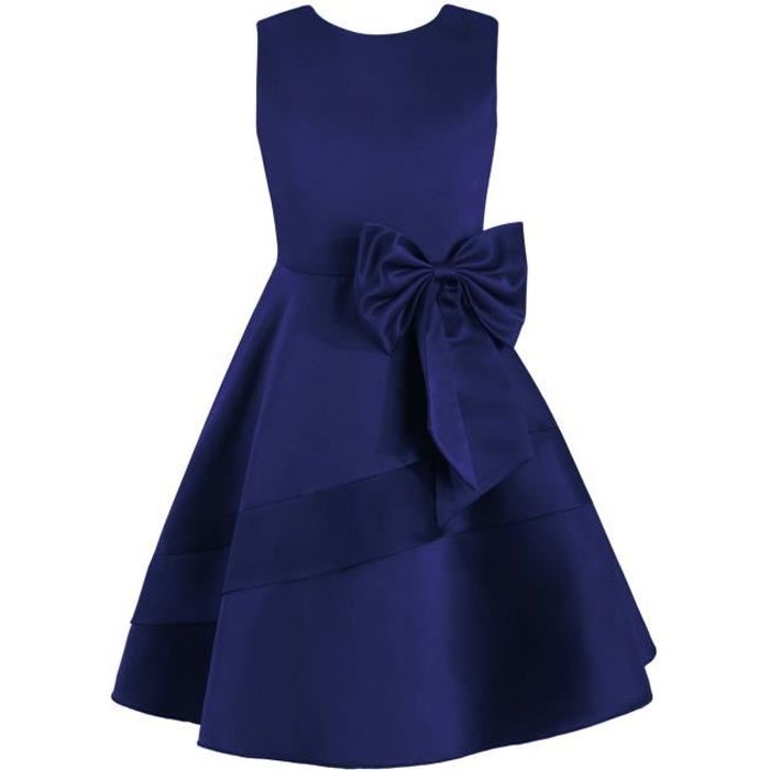 inlzdz Enfant Fille Robe de Mariage Demoiselle d honneur Satin N ud Papillon Robe Soiree 4 14 Ans Bleu marine