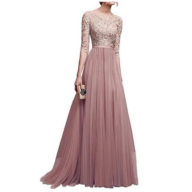 robe de femme longue paillettes mousseline de soie fluide longues manches courtes a-line elegante robes de bal - rose nystore
