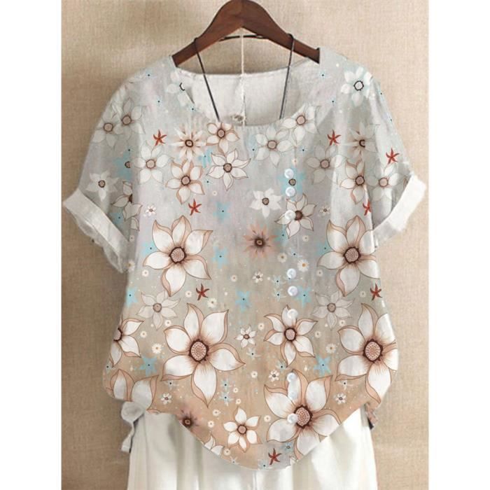 Haut Rétro Floral Imprimé à Col V Confortable en Coton à Manches Mi-Longues