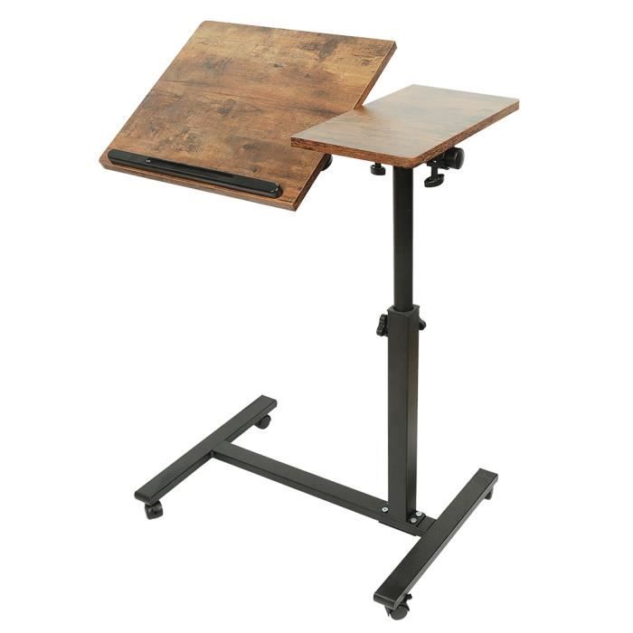 table de lit à roulettes ohmg - support pour ordinateur inclinable hauteur-angle réglable - brun