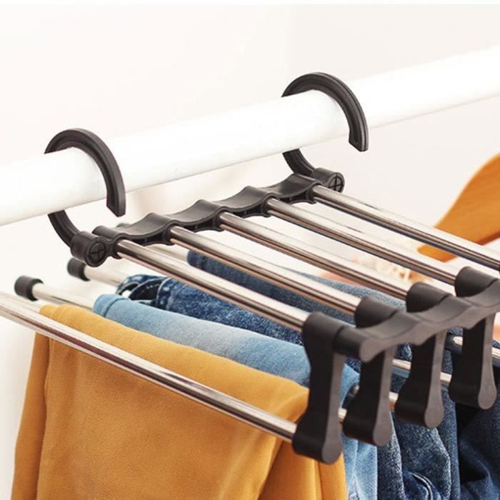 Cintres Pantalons 5 En 1 Pliables - Gain De Place Max - Acier Inoxydable Anti-glisse - Lot De 2 (10 Pantalons)