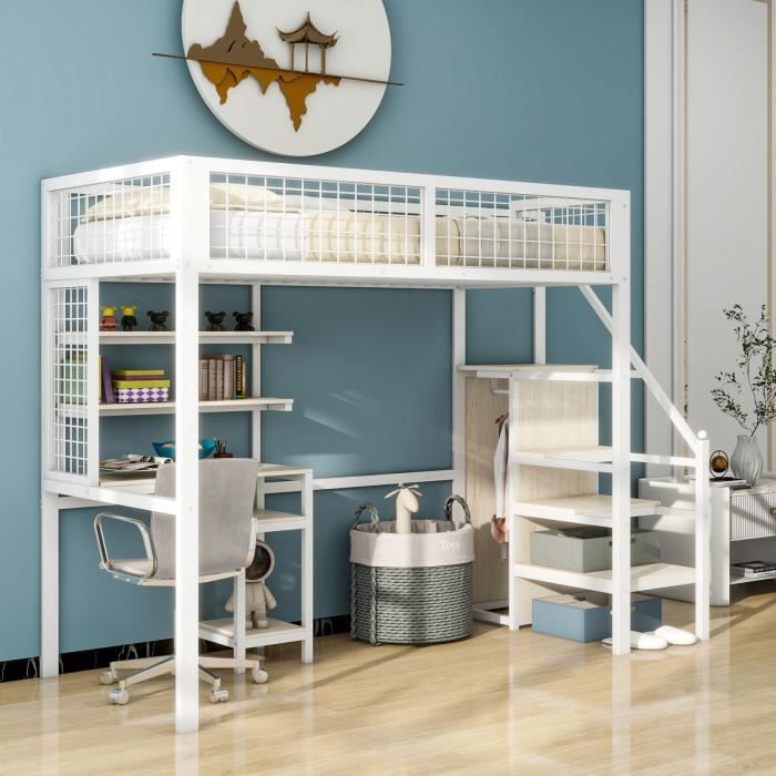 lit mezzanine 90x200 avec échelle de sécurité, lit enfant avec armoire à structure en fer et table d'ordinateur blanc