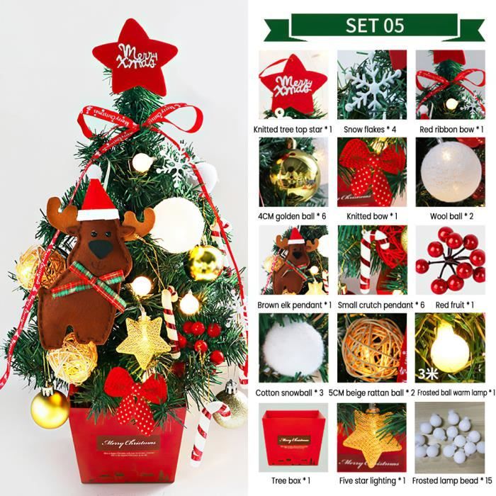 Sapin De Noël Artificiel Mini 60 Cm Avec Guirlande LED Et Décorations - Pour Table, Bureau, Décoration Maison - PVC, Réutilisable