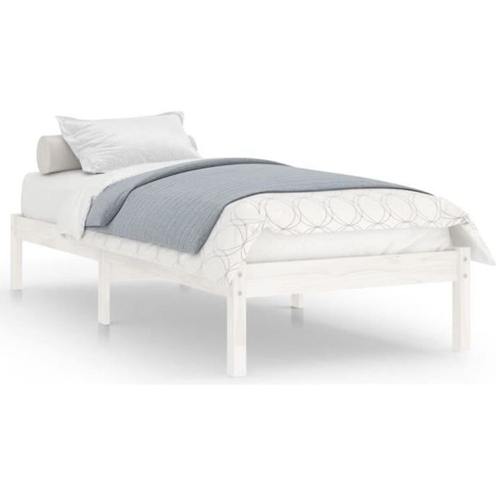 Lit Simple 1 Place 90 x 200 cm Cadre de Lit en Bois de Pin massif avec Sommier sans Matelassans Tête blanc