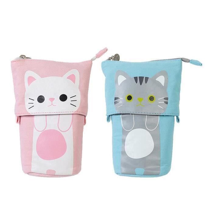 Trousse Télescopique Chat - Porte-Stylo Et Trousse De Maquillage 3 Compartiments, Toile Et PU, Fermeture Éclair, Pour École/Bureau