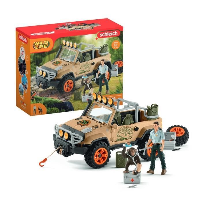 véhicule tout-terrain avec treuil , coffret de jouets schleich 16 pièces avec chimpanzé, jeep, garde forestier, cadeau jouet 3 ans