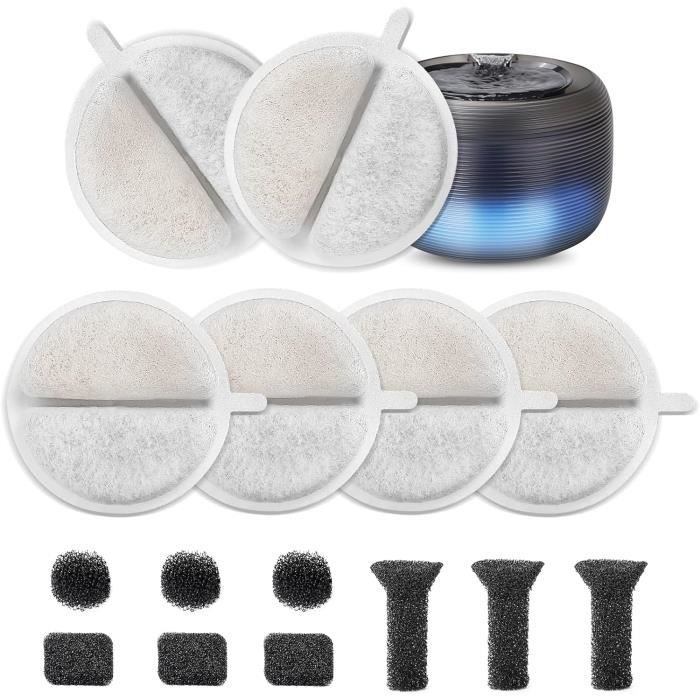 Comparer les prix de OrdasPet Lot de 6 filtres Fontaine à Eau pour Chat, 9 éponges filtres avec résine activée au Carbone Trois Couches système de Fi294