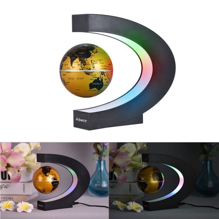 Aibecy Globe terrestre flottant à lévitation magnétique de 3 pouces Globe Levitation avec des lumières LED de base en forme de C pour lenseignement de la décoration de bureau à domicile 