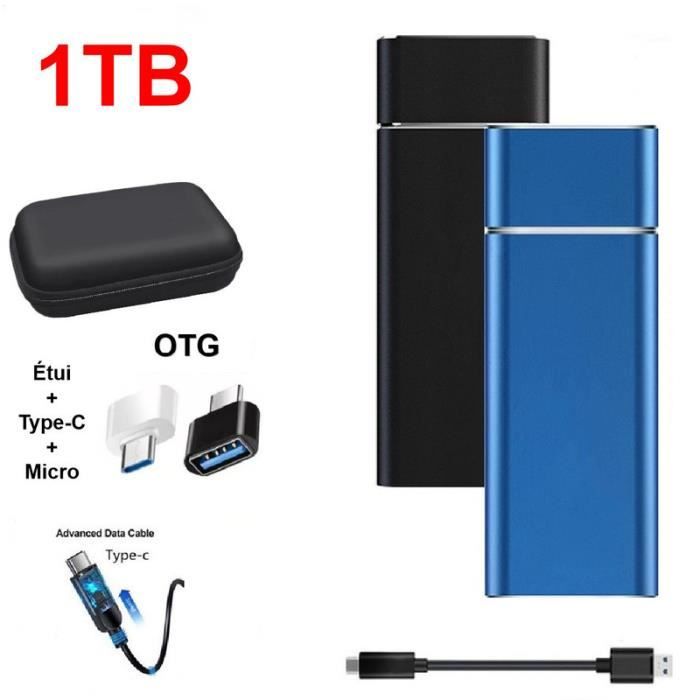 Disque Dur Externe SSD Portable 1TB 1To Bleu avec OTG + Étui Housse Sac de Protection HDD pour PC Ordinateur Téléphone Mobile