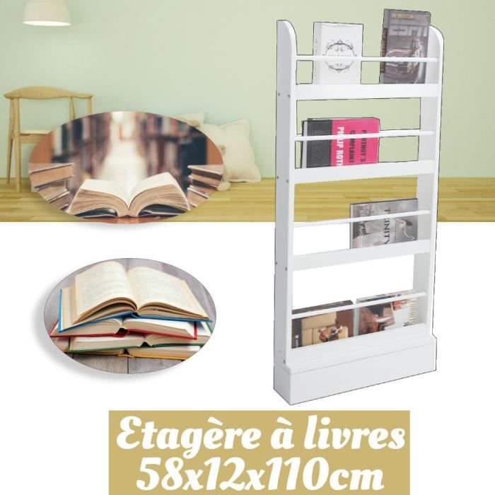 Bibliothèque Enfant Étagère Murale pour Chambre d’Enfant 4 étagères 58x12x110cm Blanc