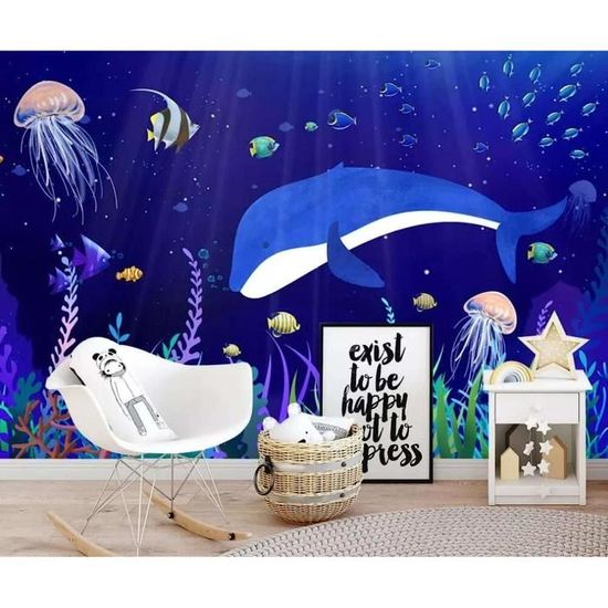 Papier peint panoramique enfant à motif poisson, Tapisserie panoramique  animaux dessin tendance, Papier peint panoramique bleu & vert moderne  salon
