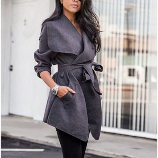Gris Pure Manteau Femme en Laine Mi-Longue Col Large Revers avec