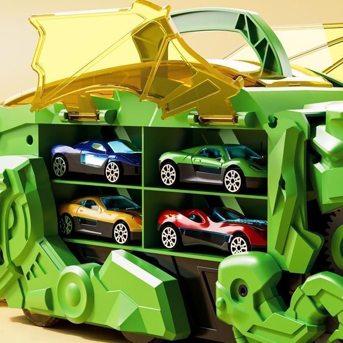 Pardofelis – Camion Transporteur Dinosaure Avec Piste éjectable – 10 Mini Voitures 1/64 – ABS – 34x11,5x13 Cm – Dès 3 Ans – Vert