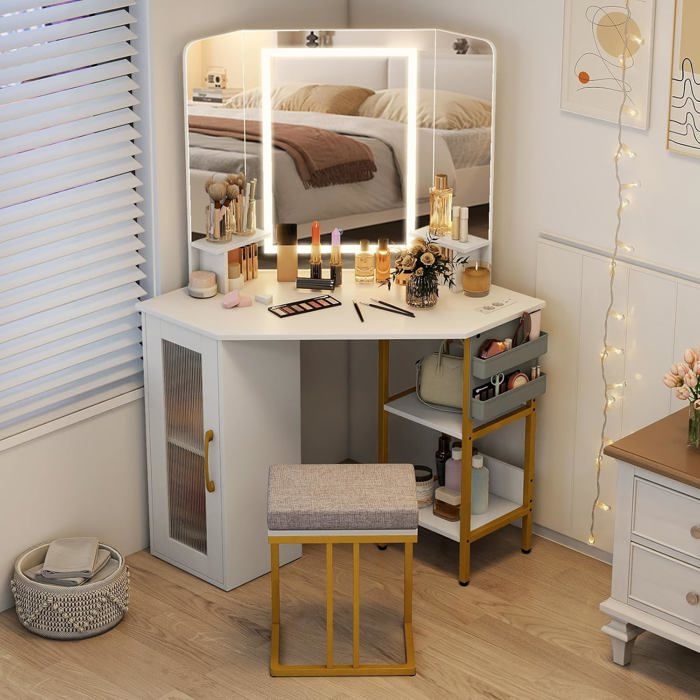 COSTWAY Coiffeuse Petite Avec Miroir LED 3 Couleurs, Tabouret Rangement, Station Charge – Table Maquillage Compacte 72x39x151 Cm Blanc