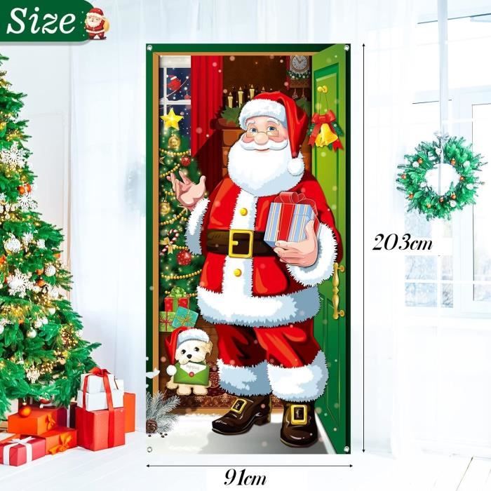 Décoration De Porte Pour Noël - Bannière "Merry Christmas" 180 X 90 Cm Avec Un élan, En Polyester