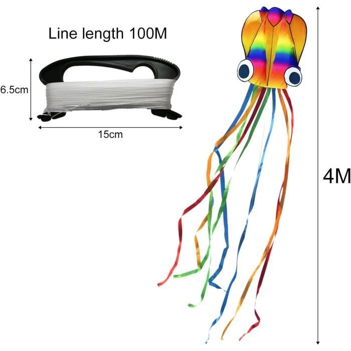Cerf-volant grande pieuvre arc-en-ciel avec longue Staart - Ligne 100 m - Longueur 4 m