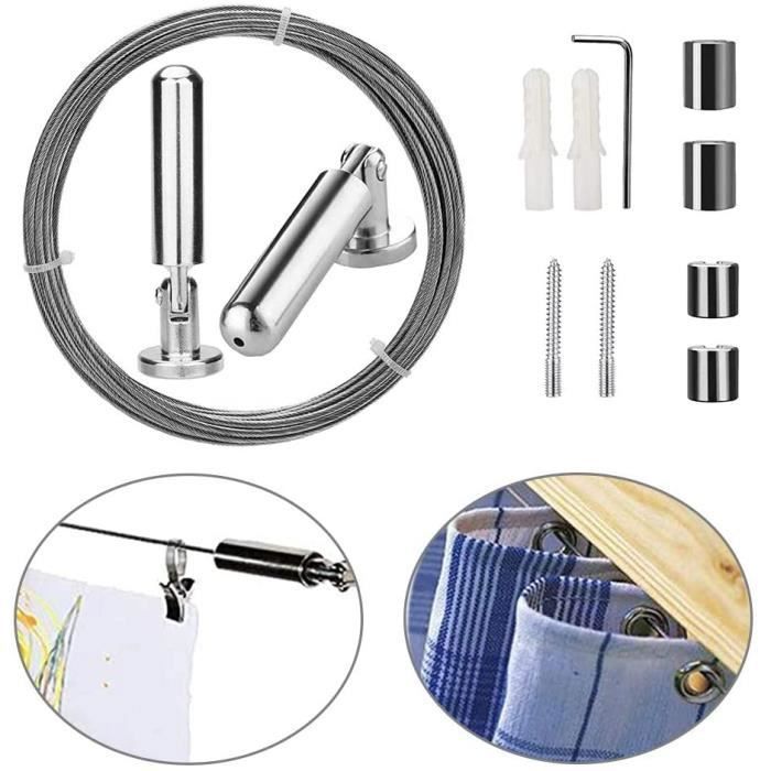 Kit Tringle à Rideaux En Câble Acier Inoxydable 5 M - Charge 20 Kg - Pour Rideaux, Décoration, Fil Photo - Avec Accessoires De Fixation