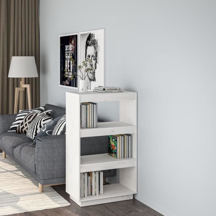 Bibliothèque en Bois de Pin massif - 60 x 35 x 103 cm - Séparateur de pièce  avec 3 étagères - Cloison intérieure - blanc