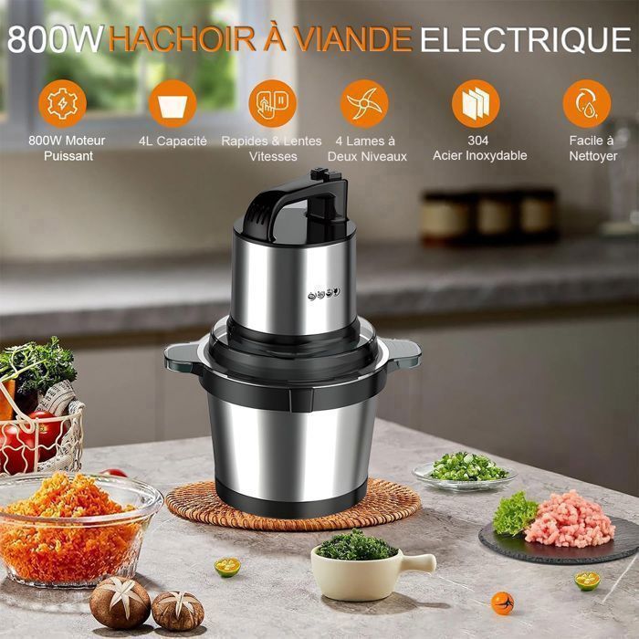 Hachoir Électrique Becontrip 300W - 4 Lames Acier Inox - Bol 2L - 2 Vitesses - Pour Viande, Légumes, Aliments Bébé