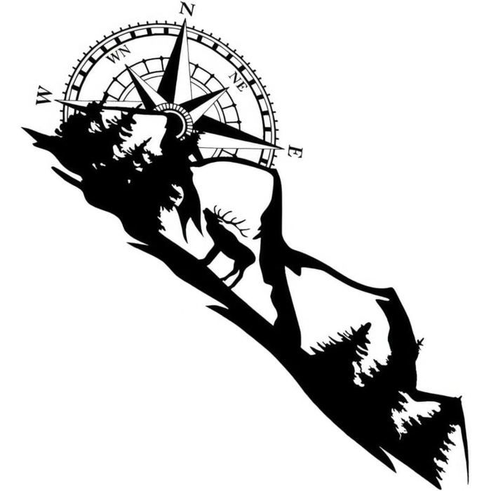 Autocollant Décoration Carrosserie - Boussole Et Montagne 140x58cm | Pour Camping-car, Van, Voiture, Caravane | 2 Stickers PVC Noir