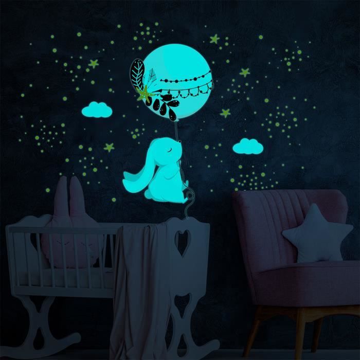 Sticker phosphorescent lumineux - RENARD DANS LES ÉTOILES + 60 ÉTOILES -  Autocollant mural plafond enfant fluorescent - 40x40cm