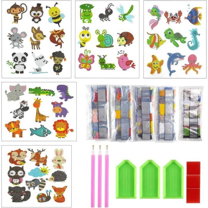 Kit De Peinture Diamant 5D Pour Enfants - 34 Autocollants Animaux, Résine, Avec Stylos Et Cire - DIY, Activité Créative