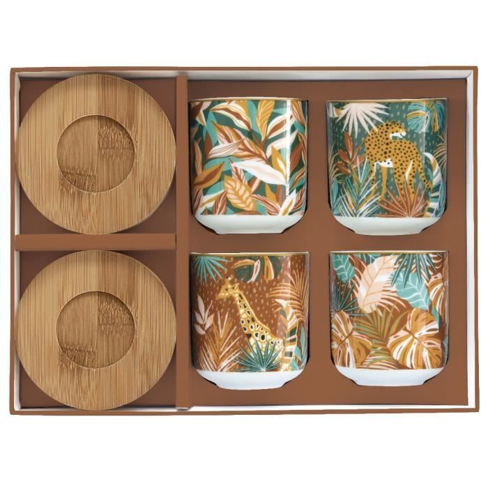 Easy Life Coffret 4 Tasses à Café 11 Cl En Porcelaine Avec Soucoupes En Bambou Christmas Friends