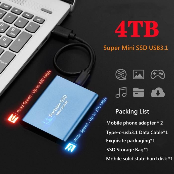 HDD Disque Dur Externe SSD Portable 4To 4TB Type-C USB3.0 Argent 12*7*1cm  avec Pochette Sac de Stockage en Tissu - Cdiscount Informatique