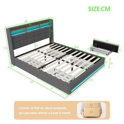 Lit Rembourré, 140 X 200 Cm, Avec Bande Lumineuse LED, Rangement Hydraulique, Multiples Rangements, Sans Matelas, USB + Type-C, Lin, Gris | Leroy Merlin