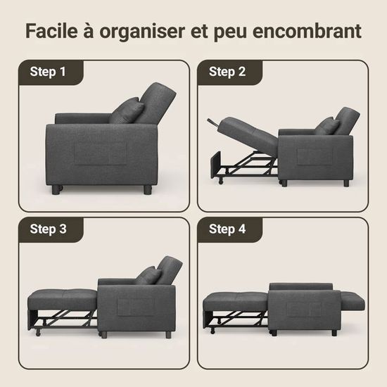Fauteuil Convertible 4-en-1 COSTWAY Gris - Canapé-Lit Pliant Avec 6 Positions