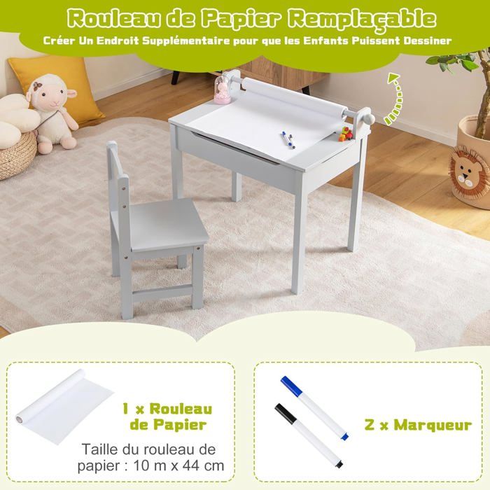 Ensemble Table et Chaise D'art pour Enfants Bureau à Dessin en Bois avec Chaise Tiroir Rouleau de Papier 2 Marqueurs Table D'activités Blanc Naturel