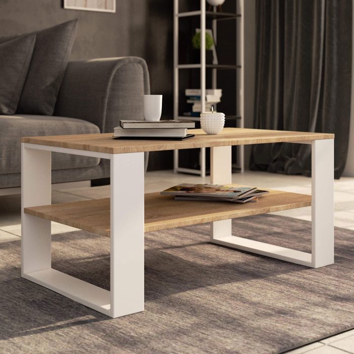 Table Basse SOLA - Plateau Chêne Sonoma 90x43 Cm Avec étagère - Style Scandinave, Pieds Noirs - Salon Design Et Pratique - 11