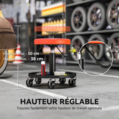 Tabouret d'Atelier Roulant Réglable en Hauteur 66,6-79,5 cm,avec Plateau à Outils 4 Roues Universelles Charge 150 kg(Jaune