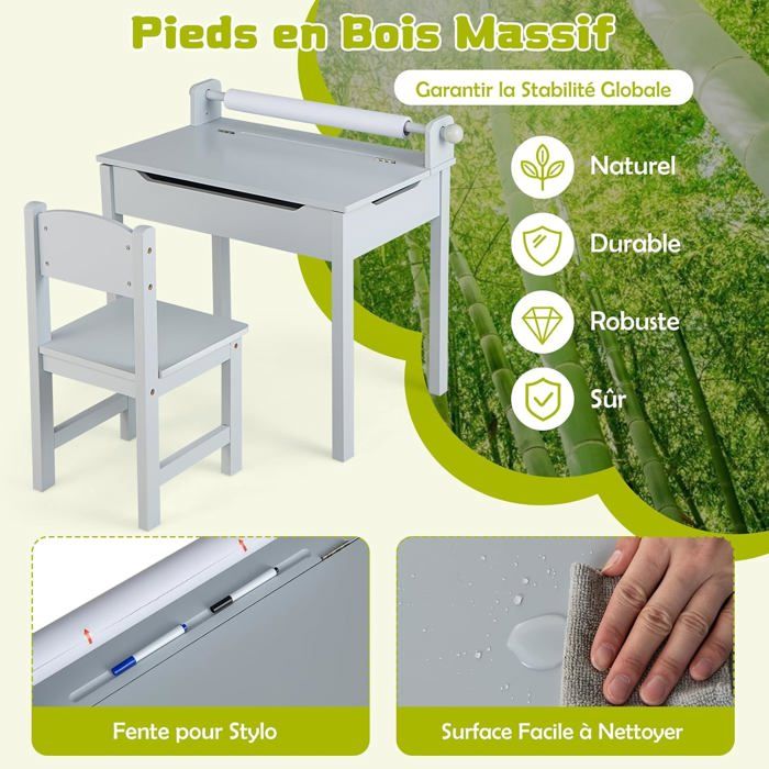 GOPLUS Table Enfant avec Chaise, Table à Dessin en Bois avec Tableau Noir/ Blanc, Rouleau de Papier, Gomme, Craies, Gobelets de Peinture, Bureau Enfant en Bois avec Étagère (Gris GOPLUS Table Enfant avec Chaise, Table à Dessin en Bois avec Tableau Noir/ Blanc, Rouleau de Papier, Gomme, Craies, Gobelets de Peinture, Bureau Enfant en Bois avec Étagère (Gris