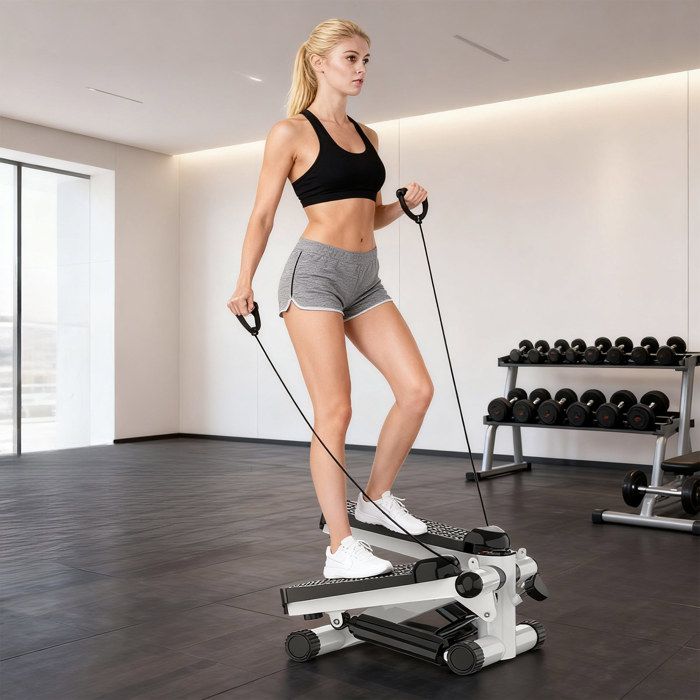 Mini Stepper Twister Avec Cordes De Résistance Et Main Courante – Réglable, Charge Max 150 Kg – écran LCD, Silencieux – Pour Fitness à Domicile