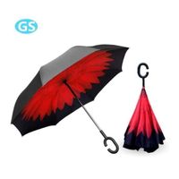 Parapluie Inverse Inversé Canne Automatique Grande Taille Etanche Anti UV Anti-Vent Anti-Retournement Manche C（ Noir Rouge）