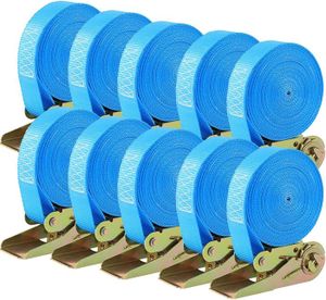 SANGLE - SET ARRIMAGE 10 PCS 800 kg Sangle à Cliquet, Sangle d'Arrimage avec Tendeur, Sangle de Serrage en Polyester, CE, 6mx25 mm, Bleu