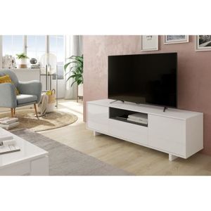 MEUBLE TV Buffet TV salon DMORA Visalia - Meuble télé 3 portes - Blanc brillant et gris cendré - 150x41h46 cm