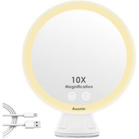 Miroir Grossissant 10x - Lumineux LED avec Forte Ventouse - Batterie - Miroir Maquillage avec Lumière Natur Dimmable pour Les Salles de Bain - Blanc